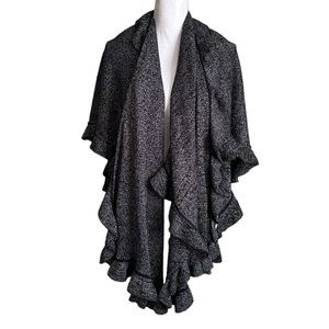 Just Jamie Black & Silver Metallic Ruffled Waterfall Open Arm Shawl Cardigan OS